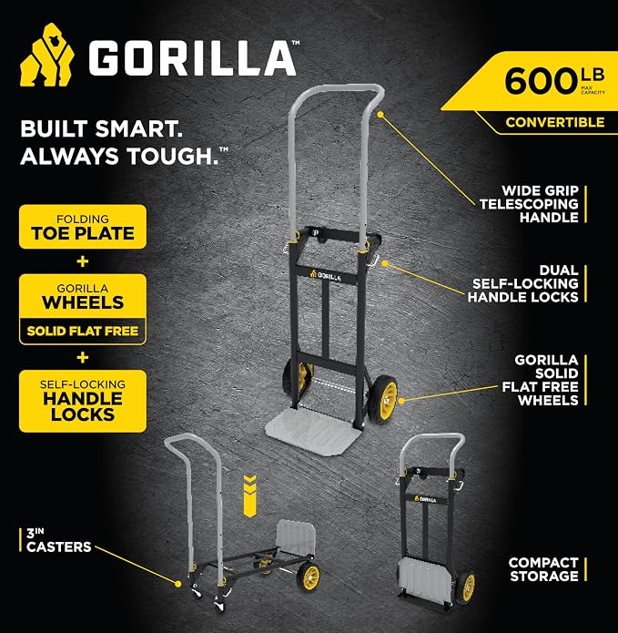 Gorilla 400 lbs. Convertible Steel Hand Truck, Simple Flatbed Conversion; Wide Grip Telescoping Handle, Flat-Free Tires