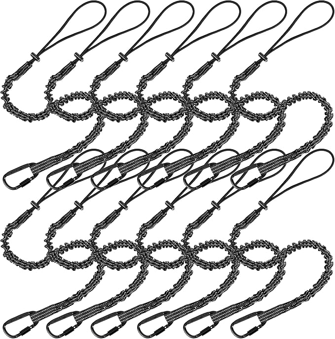 Safety Lanyard Tool - Fall Protection Tether with Aluminum Screw Lock Buckle, Shock Cord Stopper and Retractable Loop 12 Pack Black