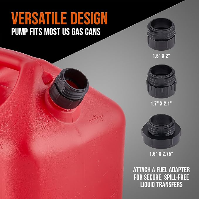 Deway Automatic Fuel Transfer Pump with Nozzle for Quick Flow Control & Stop, Extra Long Hose, Portable Liquid Pump for Gasoline, Diesel Fuel & More, 3 Included Adapter Fits All Size Gas Cans