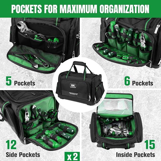 SK 21-Inch Heavy Duty Tool Bag, 1680D Fabric with Waterproof Hard Base, Dual Zipper, Padded Shoulder Strap & Touch Fastener Handle, Tool Storage with 50 Pockets, 40 Webbing Loops