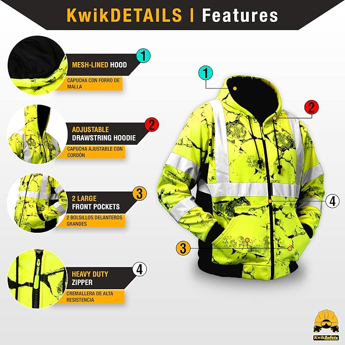 KwikSafety - Charlotte, NC - Men's Fleece Safety Hoodie | PPE Hi Vis Lightweight Reflective Jacket