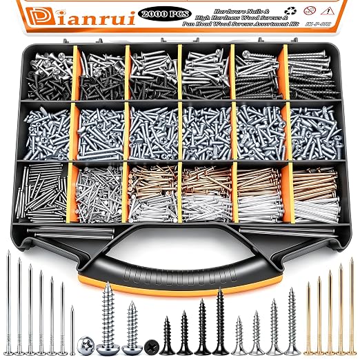 Dianrui 2000 PCS High Hardness Nails & Wood Screws & Sheet Metal Screws Assortment Kit,Phillips Drive Flat & Pan Head Wood Screws Set for Picture Hanging/Wood/DIY with Storage Box