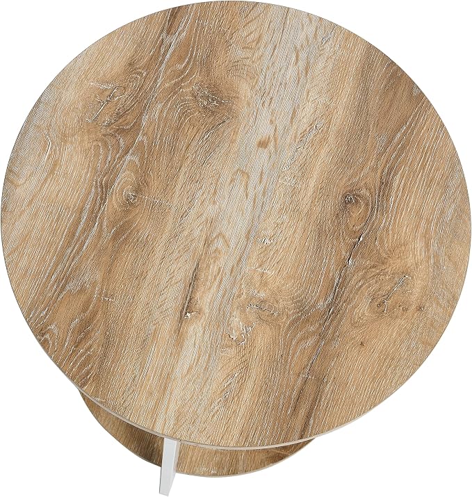 Household Essentials Jamestown Round Side End Table with Storage Shelf Coastal Oak Rustic Wood Grain and White Metal