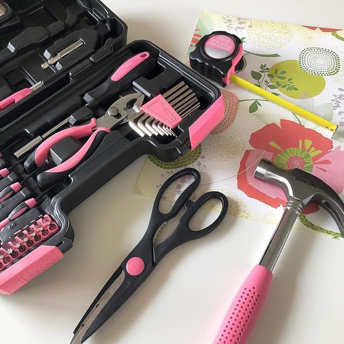 Apollo Tools Original 39 Piece General Household Tool Set in Toolbox Storage Case with Essential Hand Tools for Everyday Home Repairs, DIY and Crafts - Pink Ribbon - DT9706P