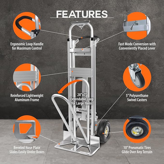 Vergo Industrial Convertible Hand Truck - AS7A2 Heavy Duty Aluminum 3 in 1 Dolly (750 lb Capacity) Lightweight Frame, Ergonomic Handle, Extendable Loop, Versatile Moving Dolly (3 Positions, 53" High)