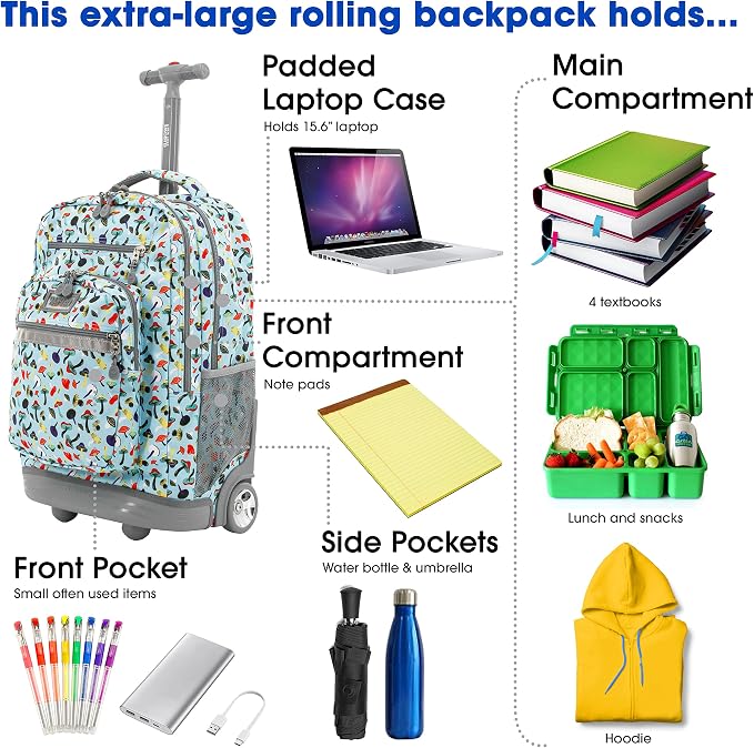 J World Sundance Laptop Rolling Backpack for Girls Boys. Roller Bookbag with Wheels, 20 Inch, Skyshroom