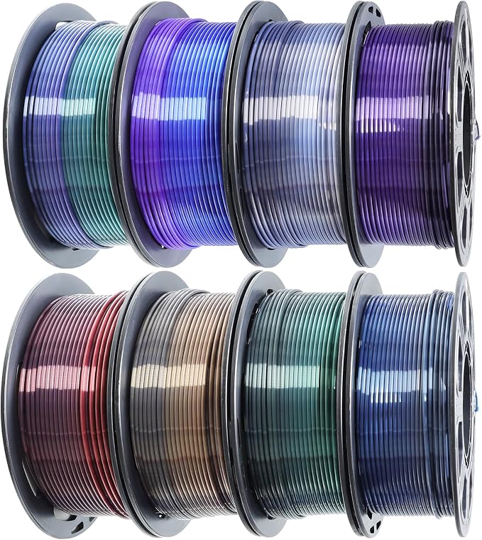 MIKA3D 3D Printing Filament Silk Color Change PLA, 1.75mm Silk 2 Color Change PLA Filament 8 Spools Bunlde, 8 Most Popular Color Change Shiny PLA Mixed, 0.25kg/Spool, Total 2kg 3D Printing Silk PLA