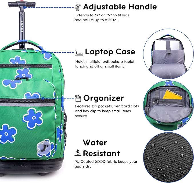 J World Sundance Laptop Rolling Backpack for Girls Boys. Roller Bookbag with Wheels, 20 Inch, Picnic