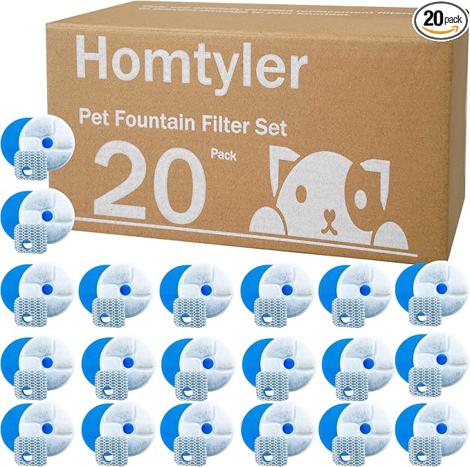 Homtyler Stainless Steel Cat Water Fountain Filters 20 Pack Cat Fountain Filter Replacement, 3 Triple Filtration System, Activated Carbon Filters for 2.2L/73oz Automatic Pet Water Fountain Filter