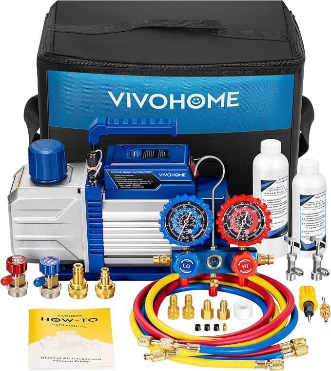 VIVOHOME 110V 1/2 HP 5CFM Dual Stage HVAC Vacuum Pump and AC Manifold Gauge Kit, Sparkless Motor for R32 R1234yf R454B R134a R22 R410a Systems, Automotive Air Conditioner Maintenance