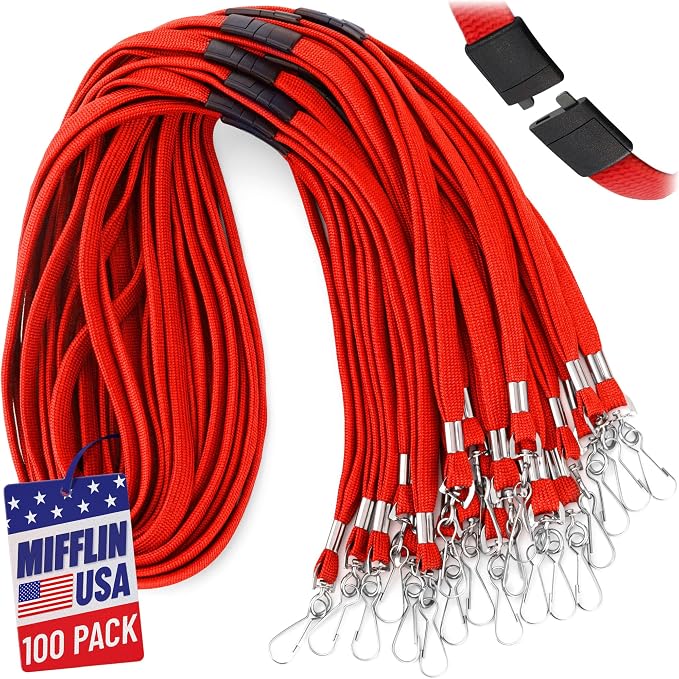 MIFFLIN-USA Flat Breakaway Safety Lanyard for ID Badges (Red, 36 Inch, 100 Pack), Soft Woven Neck Line