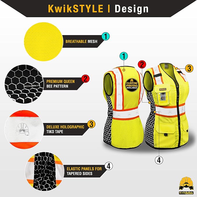 KwikSafety QUEEN BEE Safety Vest for Women [Yellow, XL] + TORTOISE Full Brim Hard Hat Bundle
