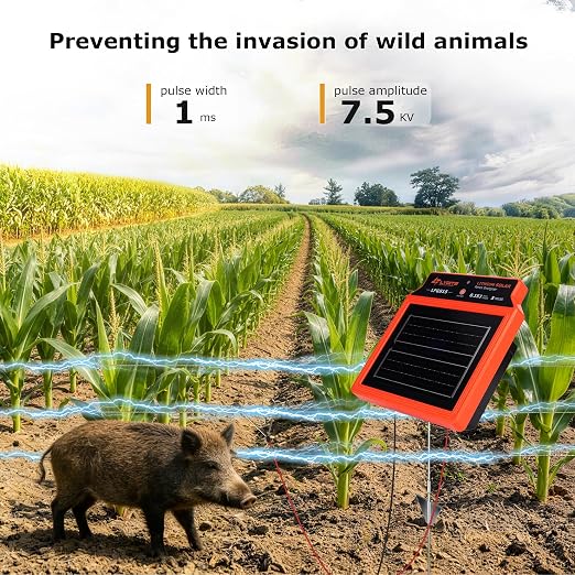 LFGS15 Solar Electric Fence Charger, 24 Hour 5 Miles Solar Charger, Portable 0.15J Energizer with Rechargeable Solar Panel for Livestock, Electric Fence Energizer