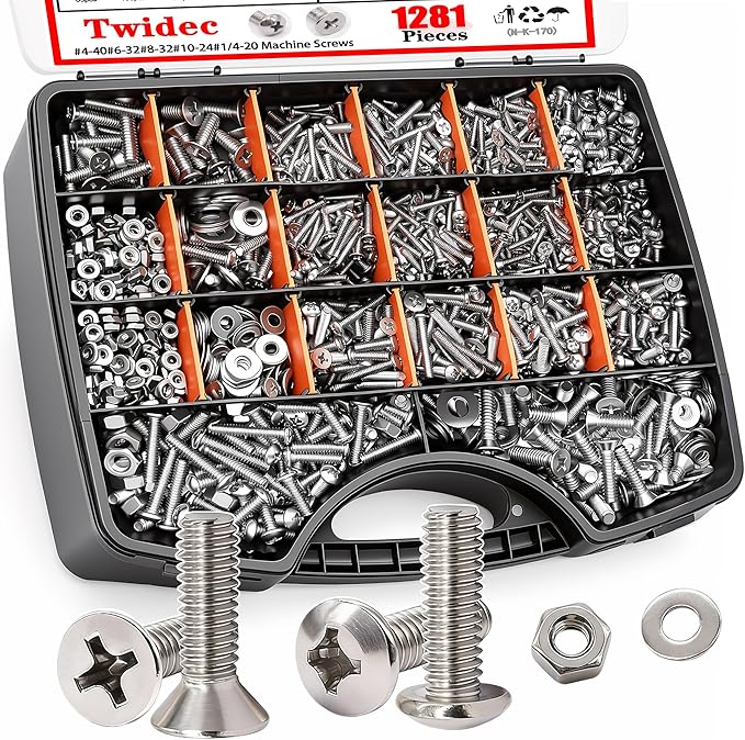Twidec/1281PCS Nuts and Bolts Assortment Kit,Machine Screws,304 Stainless Steel Phillips Pan Head and Flat Head Screws #4-40#6-32#8-32#10-24#1/4-20 with Nuts, Bolts,Washers in the Storage Case