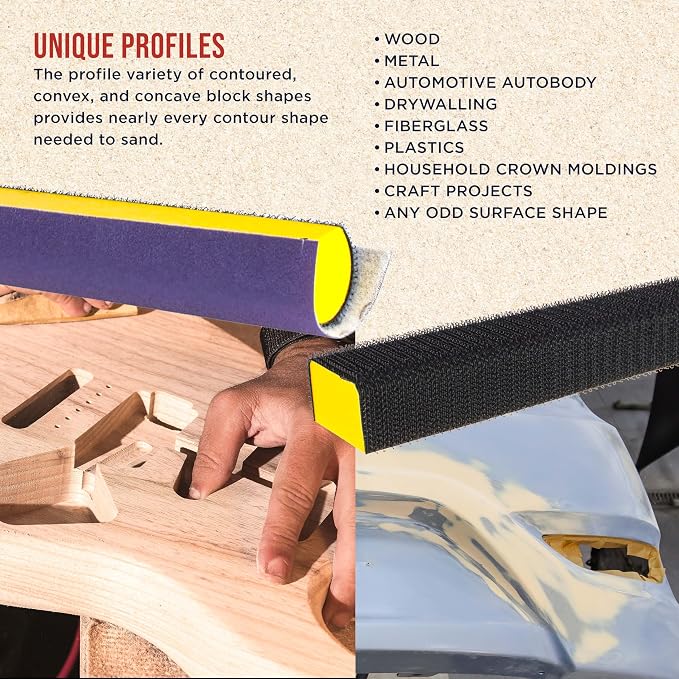Dura-Gold 7-Piece Hand Sanding Block Set - 5" to 10-3/4" Long, Handheld Hook & Loop Sander Pads - Rectangle, Flat, Round, Curved, Contoured Shapes - Sand Wood Woodworking, Auto Body Paint & Detailing