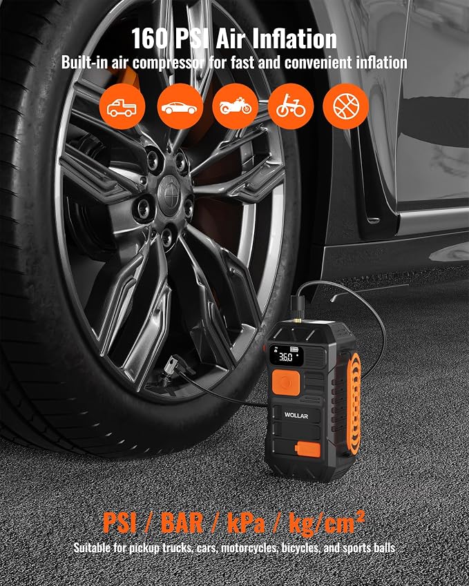 3000A Peak Jump Starter with Air Compressor - 5-in-1 Car Battery Jumper Starter, 12V Portable 160PSI Dual-Cylinder Ultra-Fast Tire Inflator, 20000mAh 74Wh Jump Box for 9.0L Gas/Diesel Engines