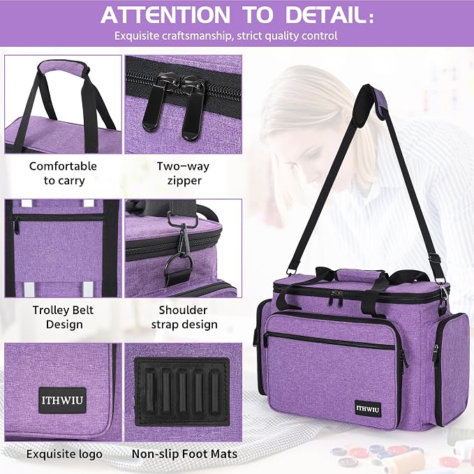 Sewing Machine Case with Wheels, Universal Rolling Trolley Tote with Shoulder Strap & Multiple Storage Pockets Compatible with Most Standard Singer, Brother, Janome,Purple