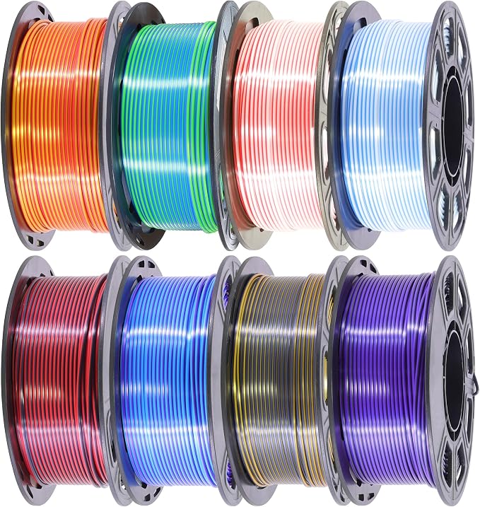 Silk PLA 2 Color in 1 Coextrusion 3D Printer Filament Bundle: White/Red, White/Blue, Blue/Purple, Lime GreenBlue, RedGold, RedBlack, GoldBlack, PurpleBlack, 2Kg Dual Color Silk PLA, 250g x 8
