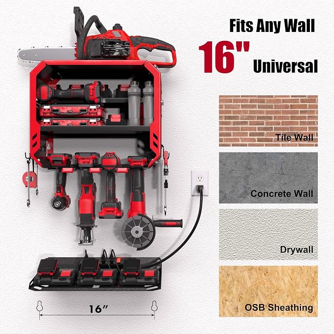 Christmas Gift for Men - End His Garage Clutter | Red Power Tool Organizer Wall Mount with Charging Station | All-in-One 3-Tier Heavy Duty Tool Rack with 420lb Capacity for Dad, Husband, DIYers