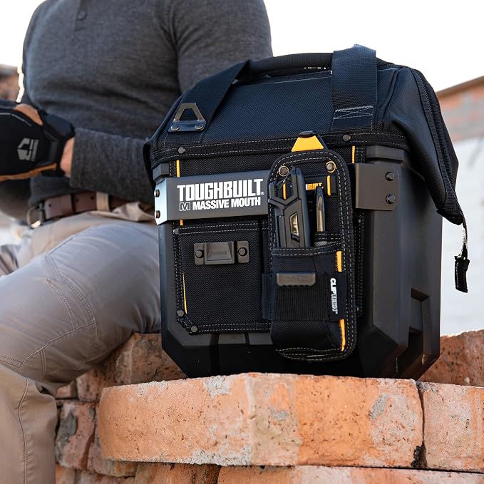 ToughBuilt ClipTech Series – Massive Mouth 12" Tool Bag, Wide-Opening Hard Body Design with 25 Pockets, Waterproof Base & Shoulder Strap (TBL-CT-62-12)