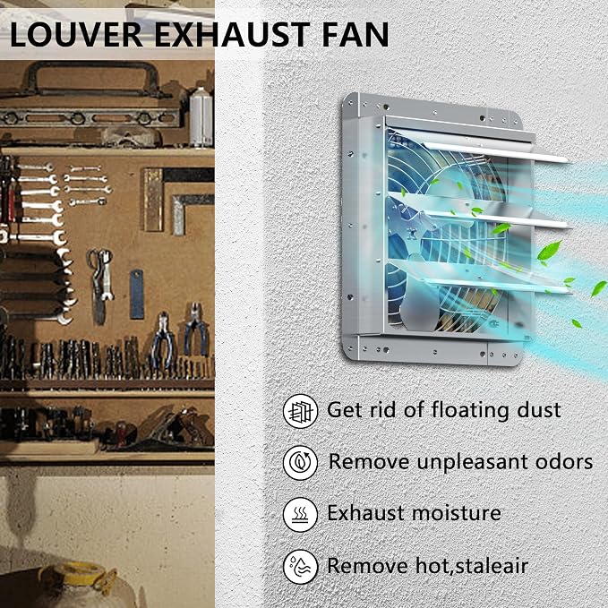 10 Inch Shutter Exhaust Fan, Aluminum Wall Mounted Exhaust Fan, 844 CFM High Speed Automatic Shutter Attic Fan, Vent Fan For Greenhouse,Shed,Shop,Garage