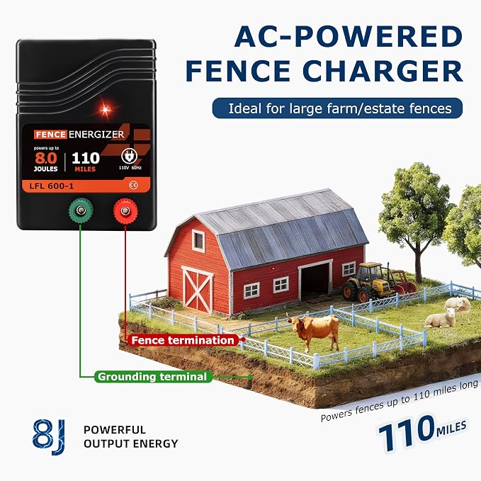 Electric Fence Charger AC Powered 110 Miles, 110 Volt 8 Joule Plug-in Electric Fence Energizer, Output Voltage Max 11.3 KV for Livestock, Preventing Predators from Intruding