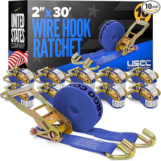 US Cargo Control Wire Hook Ratchet Straps 2 Inch x 30 Foot (10-Pack), 10,000 LBS Break Strength, Ratchet Straps Heavy Duty with Double J Hooks, Blue Cargo Tie Downs for Flatbed Trailers and Trucks