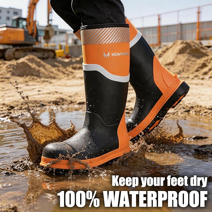 Steel Toe Rubber Boots for Men, Safety Reflective Strips, Punctrue-Proof with Steel Shank, Waterproof, Insulated 6mm Neoprene Work Boots for Farming, Manufacturing, Construction (Black/Orange, Size 6-14)