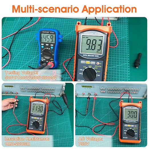 Megohmmeter for Insulation Testing, 200G Ohm Insulation Resistance Tester for Voltage (500V/1000V/2500V/5000V) & Resistance Measurement (1MΩ~200GΩ), Auto Ranging, Backlight Display, Data Hold