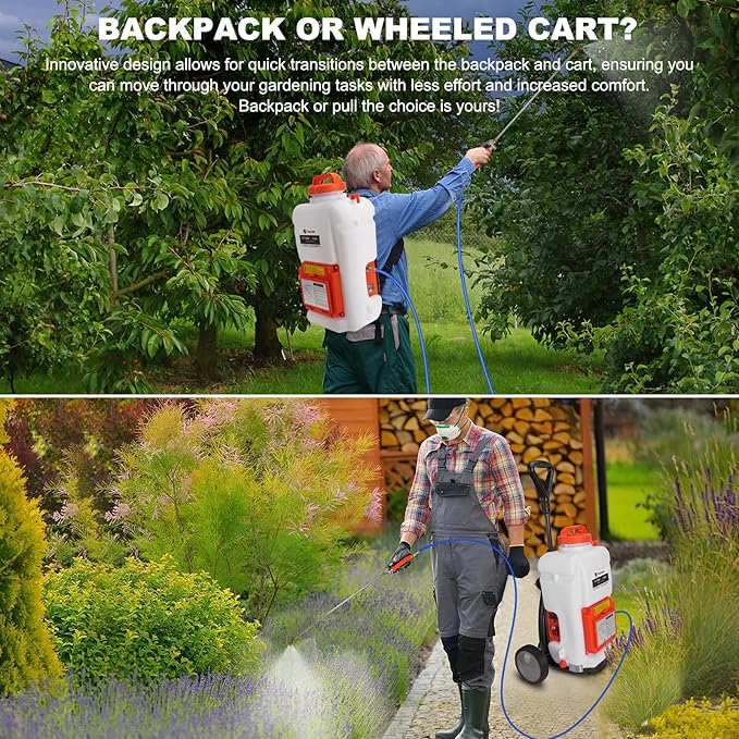 Toovem Battery Powered Backpack Sprayer 4 Gallon, Weed Yard Sprayer with Wand, Electric Backpack Garden Sprayer with Wheeled Cart for Weeding, Adjustable 0-94 PSI, 10FT Hose, 6 Nozzles