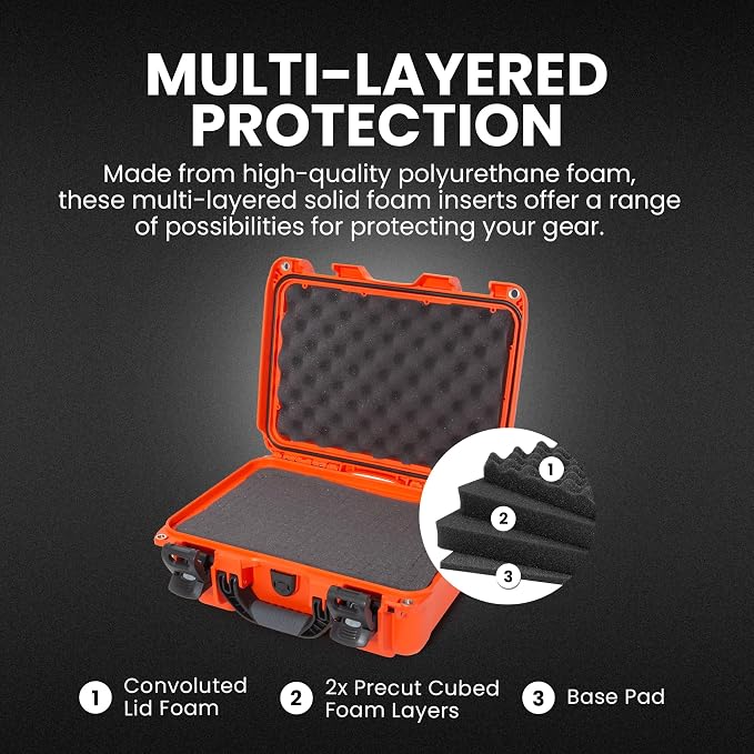 NANUK 915 Hard Case with Cubed Foam – Compact Waterproof Travel Camera Hard Case with Padded Dividers, 13.8” x 9.3” x 6.2” – Dustproof and Impact Resistant, Airline Carry-On Approved – Orange