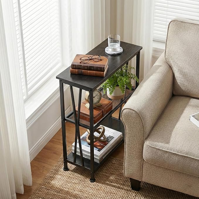 Narrow Side Table,3-Tier End Table With Storage Shelves,Small Hallway Table, Industrial Accent Table With Metal Frame Slim Nightstand Sofa Side Table for Small Spaces,Living Room, Bedroom,Black