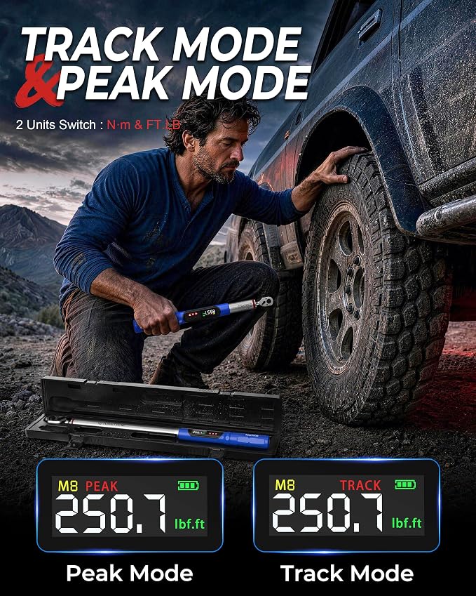 Digital Torque Wrench 3/8 & 1/2 Drive 5.02-99.57 Ft. Lb (6.8-135 N.m) / 12.54-250.7 Ft. Lb (17-340 N.m) ±2% Accuracy Digital Torque Wrench Set with Buzzer and LED Flash for Bike, Moto, Car