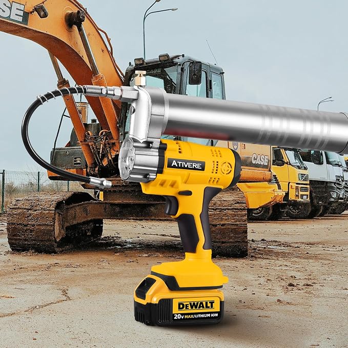 Lithium Battery Grease Gun Cordless for DeWalt 20V Max Battery (NO Battery) Yellow with 12” Spring Flex Hose, 10000 PSI High Pressure Quick Release Grease
