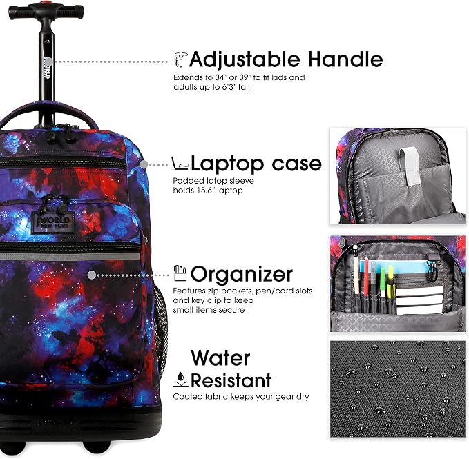 J World Sundance Laptop Rolling Backpack for Girls Boys. Roller Bookbag with Wheels, 20 Inch, Galaxy
