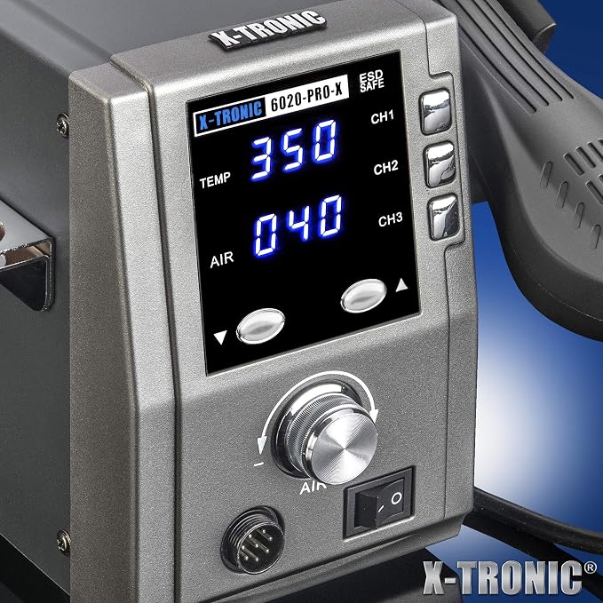 X-Tronic 6020-PRO-X • Platinum Series • 750 Watt • Hot Air Rework Station • 3 Temp Presets, Temp Calibration Func, C/F Func, Auto Cool Down/Standby Mode, Mute/Unmute Sound & Patented Nozzle Holder!