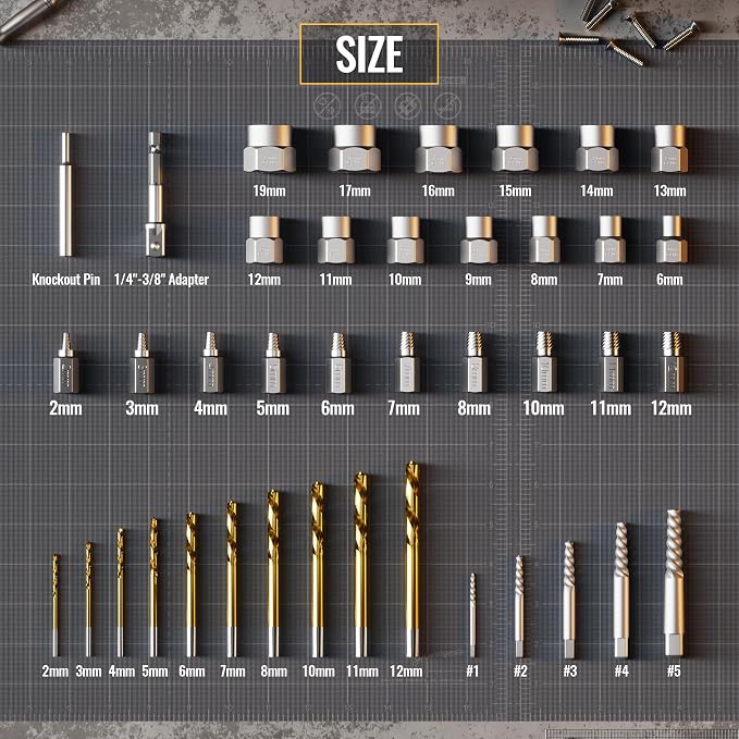 40-Piece Metric Bolt & Screw Extractor Set with Left Hand Cobalt Drill Bit Set, Easy Out Broken Stripped Screw Removal Tool for Damaged, Frozen, Studs, Rusted, Rounded-Off Bolts, Nuts & Screws