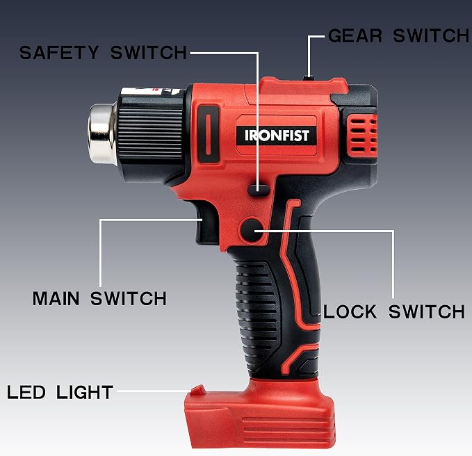 IRONFIST Heat Gun Cordless Compatible with MILWAUKEE M18 Battery Portable Hot Air Gun Two Temperature Setting 300°C 550°C for DIY PVC Shrink Tubing (BATTERY NOT INCLUDED)