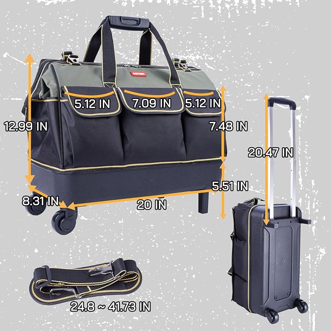 rolling tool bag with wheels for Electrician HVAC Tool Bag Organizer ，Hidden pull rod, plastic bottom, lightweight