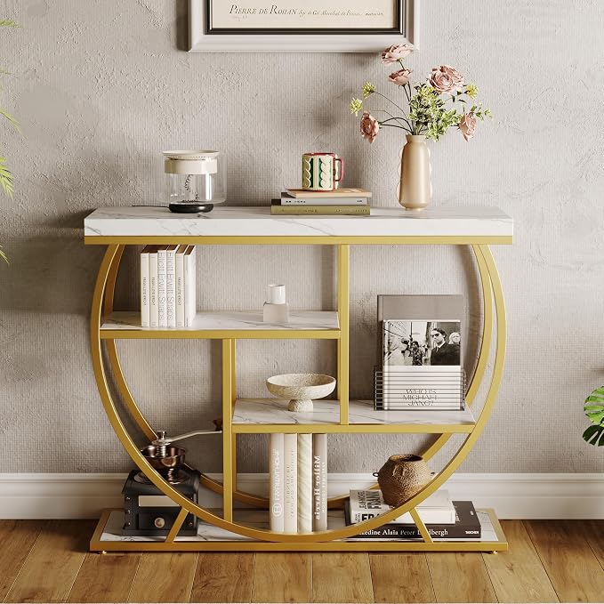 Garvee Entryway Table with Storage, Industrial 4-Tier Narrow Console Table Behind Couch with Half-Circle Base & Storage Shelves for Living Room, Hallway, Foyer