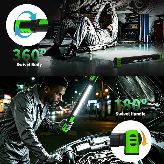 Underhood Magnetic Work Light for Mechanics, 4 Modes 2700K-6500K LED, 7800mAh 12H Battery, IP65 Waterproof, USB-C Rechargeable Hood Light for Car Repair/Garage/Emergency (Green)