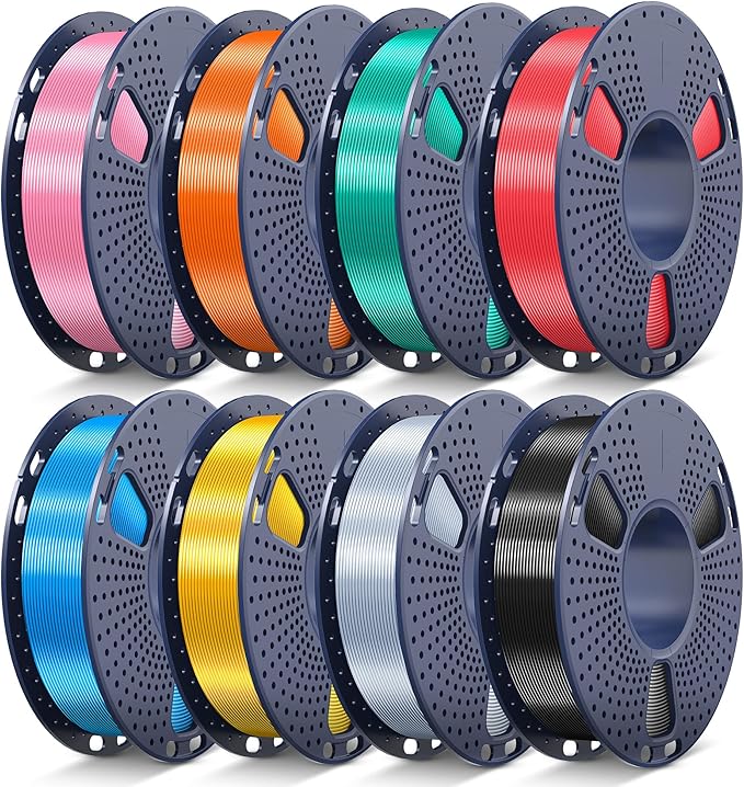 JAYO Silk PLA Filament Bundle 1.75mm, Silk 3D Printer Filament Bundle Multicolor, Individually Vacuum Packed, 8 Pack, Shiny Silk 2KG in Total, Light Gold+Silver+Black+Blue+Red+Green+Orange+Pink