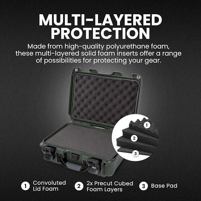 NANUK 915 Hard Case with Cubed Foam – Compact Waterproof Travel Camera Hard Case with Padded Dividers, 13.8” x 9.3” x 6.2” – Dustproof and Impact Resistant, Airline Carry-On Approved – Olive