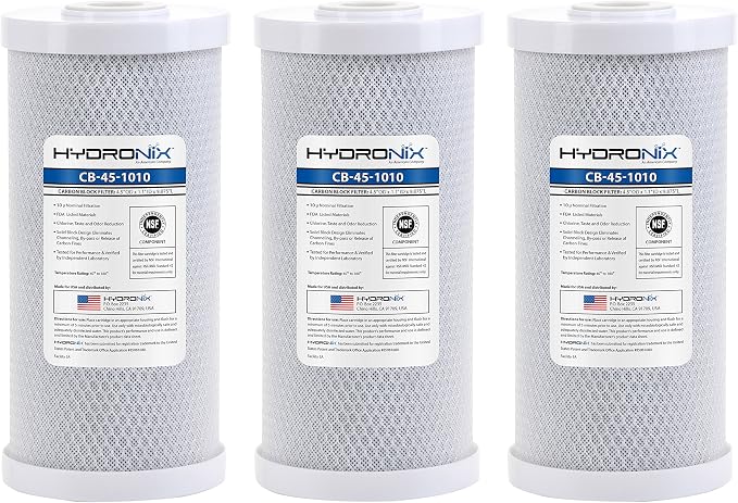 Hydronix HX-CB-45-1010/3 Whole House Commercial Nsf Coconut Activated Carbon Block Water Filter, 4.5" x 10", Micron 3 Pack, White