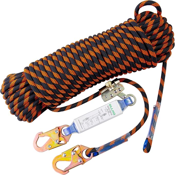 DIJJIG Rope Harness Safety Lanyard 50ft Vertical Roofing Rope With Grab Snap Hooks Shock Absorber Fall Protection Tree Climbing Line Kit Heavy Duty Roof Safety Equipment ANSI CE