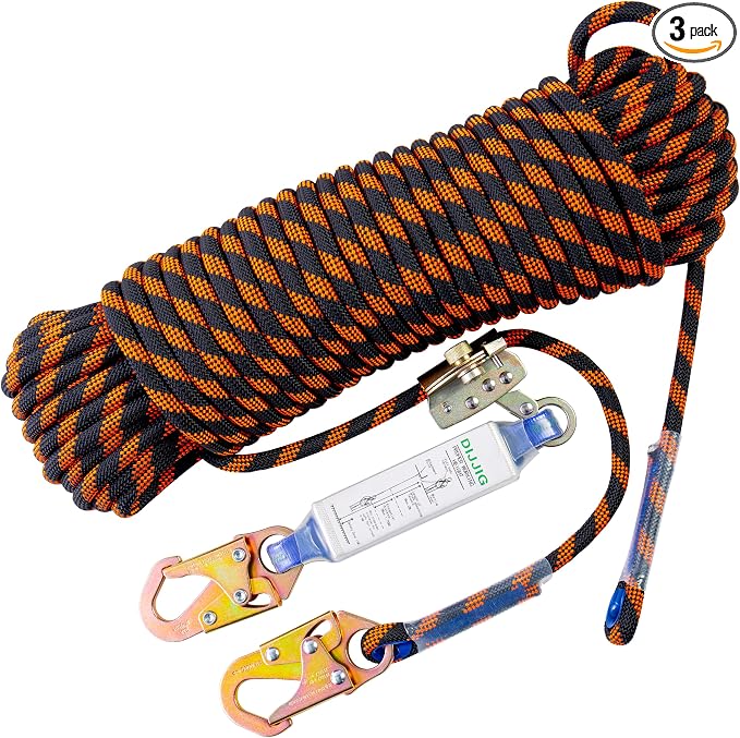 DIJJIG Rope Harness Safety Lanyard 150ft Vertical Roofing Rope With Grab Snap Hooks Shock Absorber Fall Protection Tree Climbing Line Kit Heavy Duty Roof Safety Equipment ANSI CE