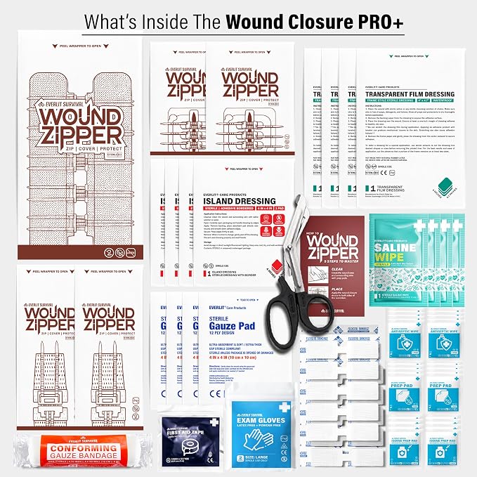 EVERLIT Wound Closure Kit | Surgical Zip-Stitch Devices for Cut & Laceration | Sterile, Suture-Free, Stitch-Less Adhesive Butterfly Bandages for Emergency First Aid Wound Care (Ultimate Pro+ Kit)