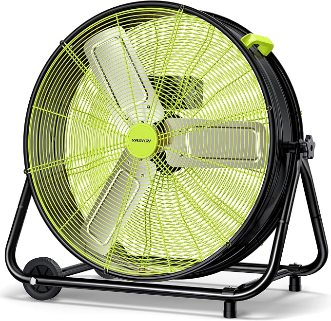 VAGKRI 24 Inch Industrial Drum Fan, 320W High Velocity Floor Fan, 3 Speed Heavy Duty Metal Air Circulator, 360° Tilt with Casters Handle ETL Standard for Patios, Warehouse, Commercial,Basement (Green)