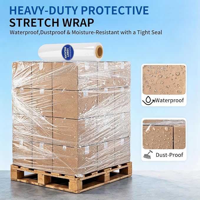 4Pack 18inx1000Ft 80Gauge Industrial Stretch Wrap Film for Pallet Heavyduty | stretch wrap Film-800% stretch secures pallets,furniture & fragile items firmly,perfect for moving,storage,warehouse,shipping