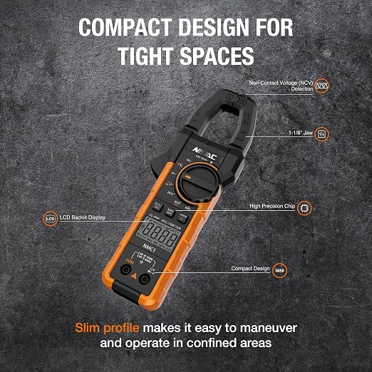 NAVAC NMC1 Digital Clamp Meter - HVAC Multimeter Clamp - Backlit Display - Adjustable Large Jaw - High Precision Chip - Compact Design